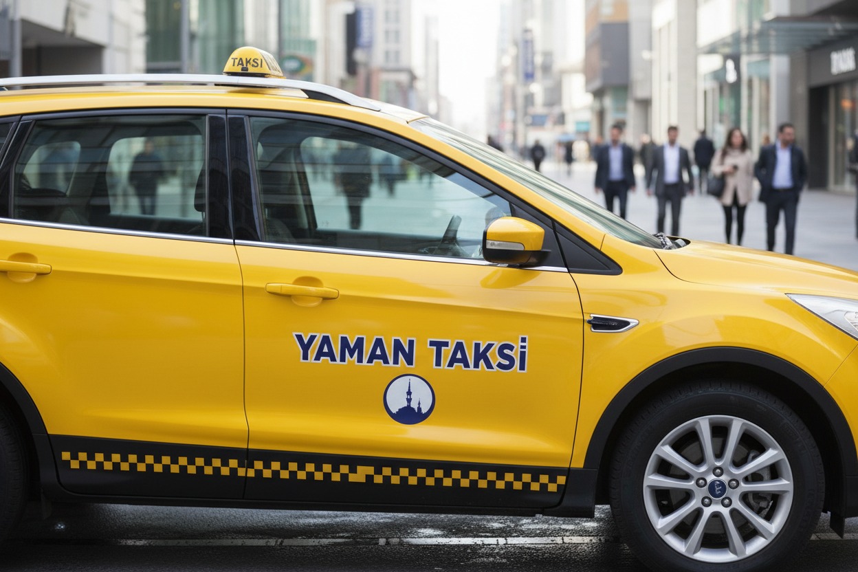 Şehir merkezinde ilerleyen sarı renkli Yaman Taksi aracı.