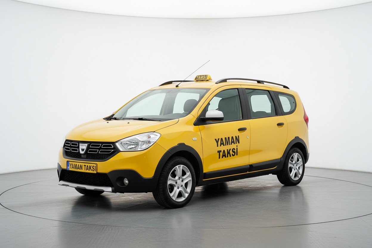 Beyaz bir stüdyo zemininde duran, üzerinde "Yaman Taksi" yazılı sarı renkli Dacia marka ticari taksi.