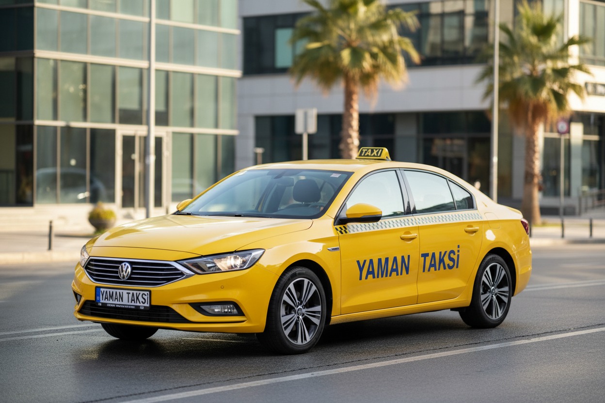 Şehir merkezinde ilerleyen sarı renkli Yaman Taksi yazılı Volkswagen marka ticari araç.